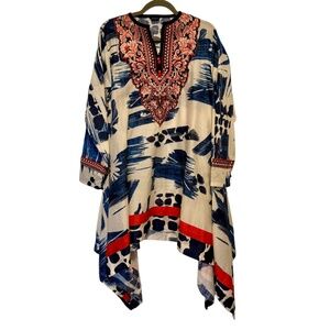 Sapphire Abstract Print Embroidered Tunic Top Asymmetrical Size XL Lagenlook